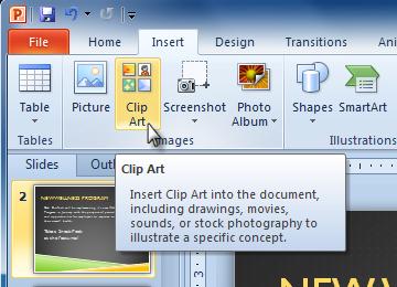 To Locate Clip Art: 1. Select the Insert tab. 2. Click the Clip Art command in the Images group. The Clip Art command 3.
