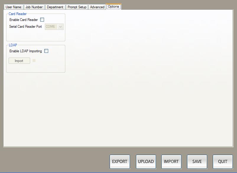 Options Tab Here you are able to set up the KIP Printer to Enable a Card Reader and to Enable LDAP importing.