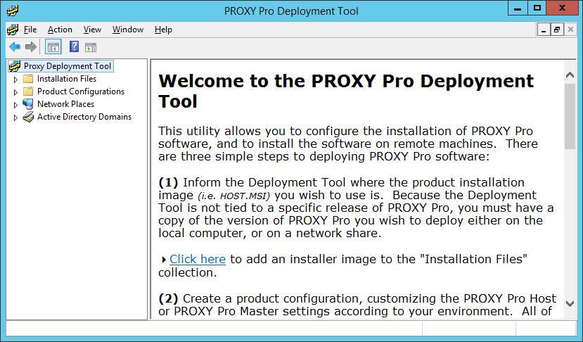 Deployment Tool Operation After installing PROXY Pro Deployment Tool, it can be started by selecting Start > Programs > Proxy Networks > PROXY Pro Deployment Tool.