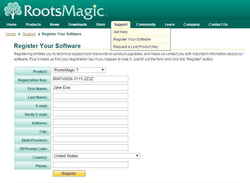 Click Register. 12. Should you ever need to retrieve your license key, go to http://rootsmagic.