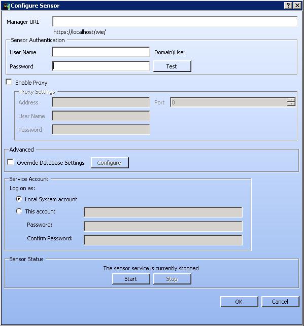 Chapter 2: Installing Fortify WebInspect Enterprise The Configure Sensor window appears. 7. Complete the fields as follows: a. In the Manager URL field, enter the Fortify WebInspect Enterprise URL. b.