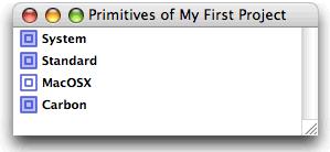 Double-click the primitives icon of a project item in a Projects window.