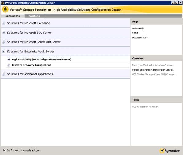 Using the Solutions Configuration Center About launching wizards from the Solutions Configuration Center 33 Figure 3-1 Solutions Configuration Center for Enterprise Vault Server About launching