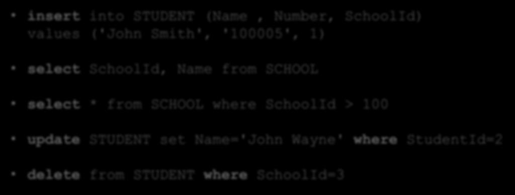 SQL Structured Query Language Query Examples: insert into STUDENT (Name, Number, SchoolId) values ('John Smith', '100005', 1) select SchoolId, Name from SCHOOL select * from SCHOOL