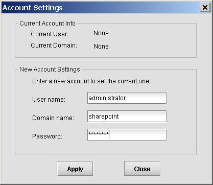 5. Enter the user name, domain name and password of the DocAve administrator