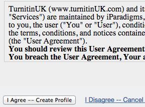 To continue using Turnitin, the user must click on the I agree - - create