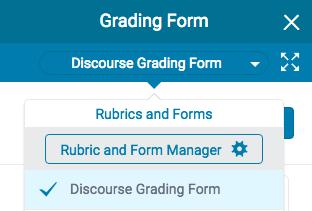 1. From the online grading toolbar, select the rubric icon to open the Grading Form side panel. 2. Click the title of the currently assigned grading form from the Rubric side panel.