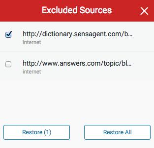 To restore only some of the excluded sources, use the checkboxes to select the relevant