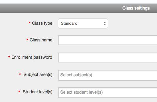 2. On the next screen, enter the following information: Class name Enrollment password Subject area(s) e.g. science Student level(s) e.