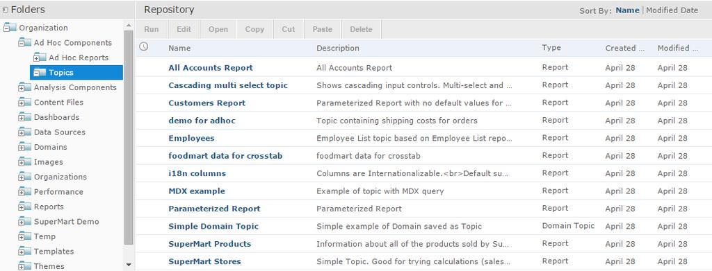 Chapter 1 Introduction to Server by expanding icons in Folders. Click a folder name to view its contents. In Figure 1-5, you'll see the Repository page. Figure 1-5 Repository Folders Panel 1.