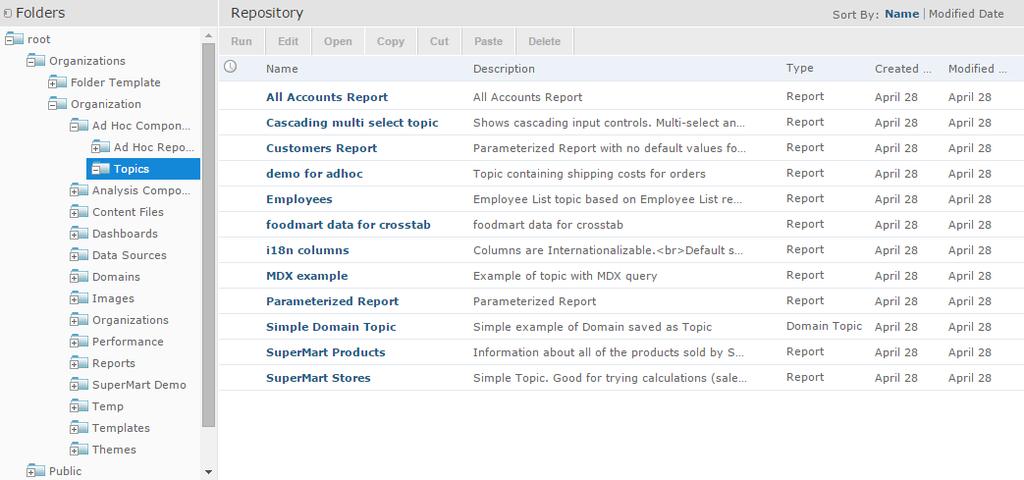 JasperReports Server User Guide Figure 1-6 Search Results Page To search all resources in the repository: 1. Select one of these filters: All available, Modified by me, or Viewed by me. 2.
