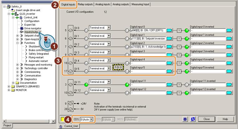 controlling "standard" functions in the inverter, proceed as follows: 1. Select the inputs/outputs in STARTER in the project navigator. 2. Select the screen for the digital inputs. 3.