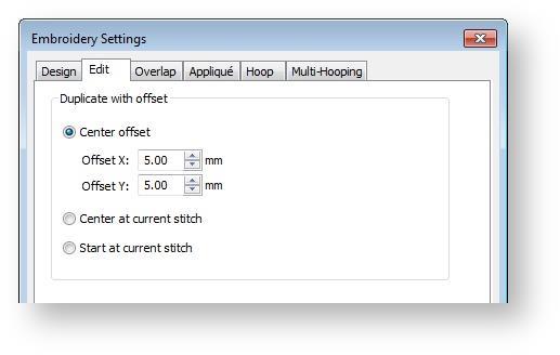 Handle objects Duplicate objects Use Context / Layout > Duplicate to create a copy of a selected object in the same position. The duplicate is placed at end of stitching sequence.