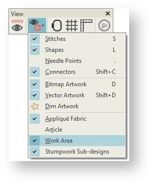 Work areas Activate work area Use View > Show Design to show or hide design elements. Click to open droplist of view settings.