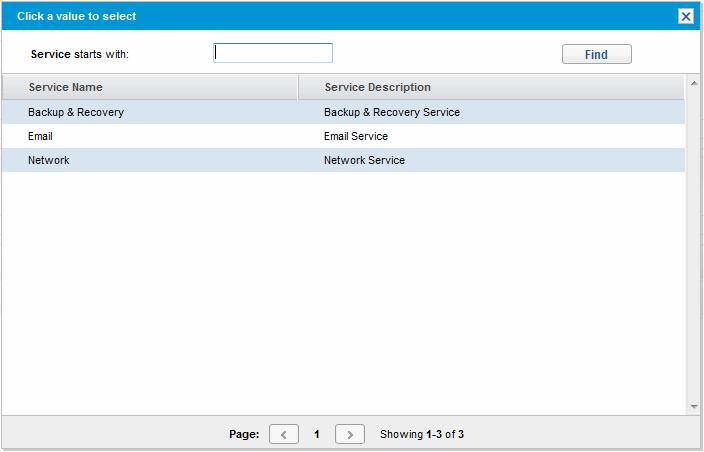 Chapter 2: Creating Requests 3. Under the Service section, click the selector icon for the Service field. The popup window lists all services available. 4.