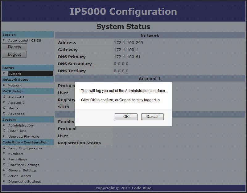 Logging into the System 1. To log out of the IP5000 speakerphone, simply click on Logout under Session (see far lefthand column).