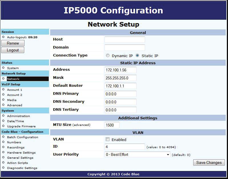10.3 Network Configuration Once you have obtained the DHCP address of the IP5000 speakerphone, you can log in and set a static IP address. 1.