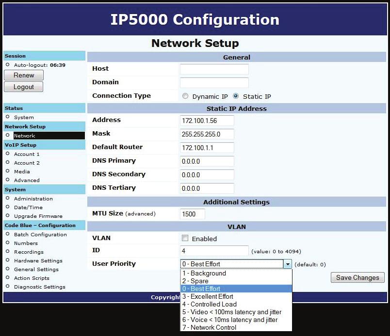 VLAN Configuration The IP5000 speakerphone is capable of performing IEEE 802.1Q frame tagging and user priority settings. 1.