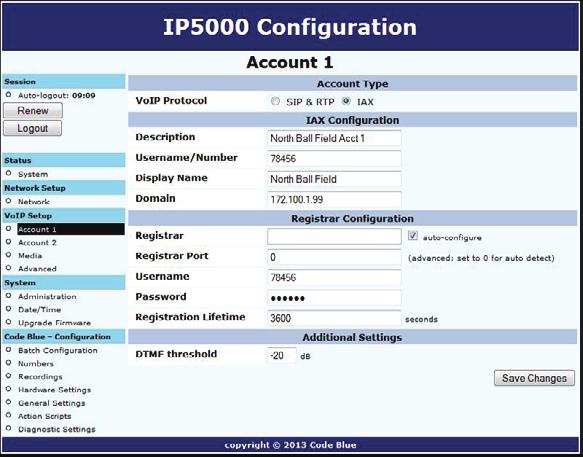 Configuring an IAX Account Either of the IP5000 speakerphone s two accounts can be configured to register to a VoIP system via IAX.
