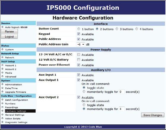 Hardware Settings The IP5000 speakerphone hardware settings are configured by: 1. Selecting Hardware Settings under Code Blue (see far left-hand column). 2.
