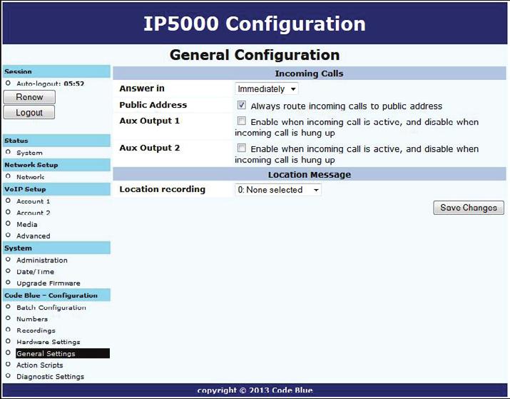 General Settings The IP5000 speakerphone general configuration can be accessed by: 1. Clicking on General Settings under Code Blue (see far left-hand column).