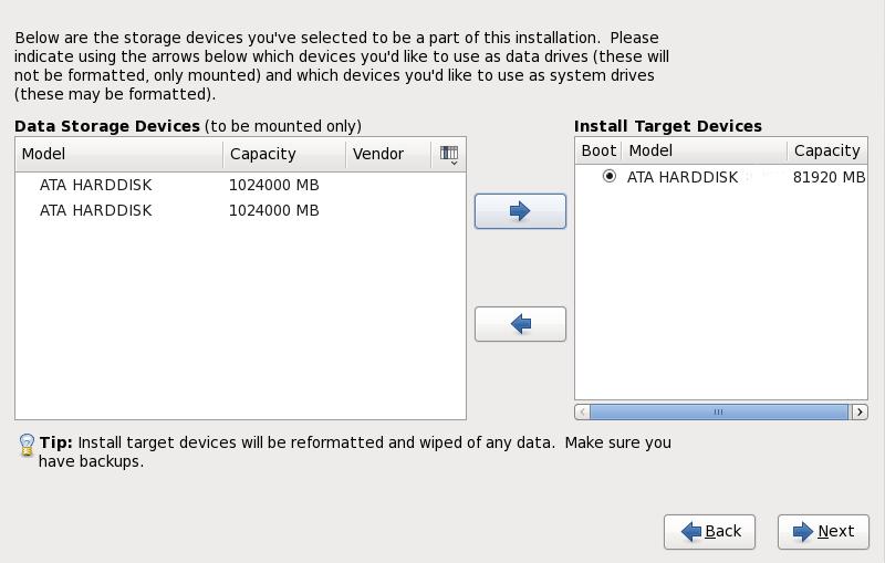 Inicijalizacija čvrstog diska Слика 8. Dodela skladišnih uređaja Ekran je podeljen na dva okna. Levo okno sadrži spisak uređaja koji će se koristiti samo za skladištenje podataka samo.
