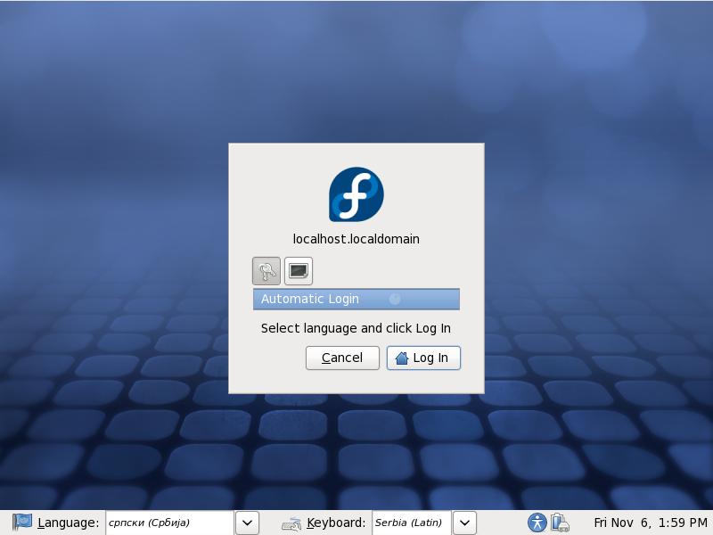 Слика 2. Prijavni ekran živog Fedora sistema 1. Pritisnite na menije u sivoj traci pri dnu ekrana da biste izabrali svoj jezik i raspored tastature. 2. Pritisnite dugme Prijavi se.