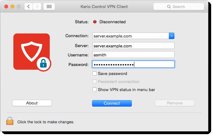 5. (Optional) Select Save password to save your password in Kerio Control VPN Client. 6.