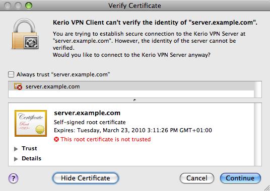 NOTE A self-signed certificate is a certificate that your administrator generated for you in Kerio Control. The certificate is not signed by any certification authority. 1.