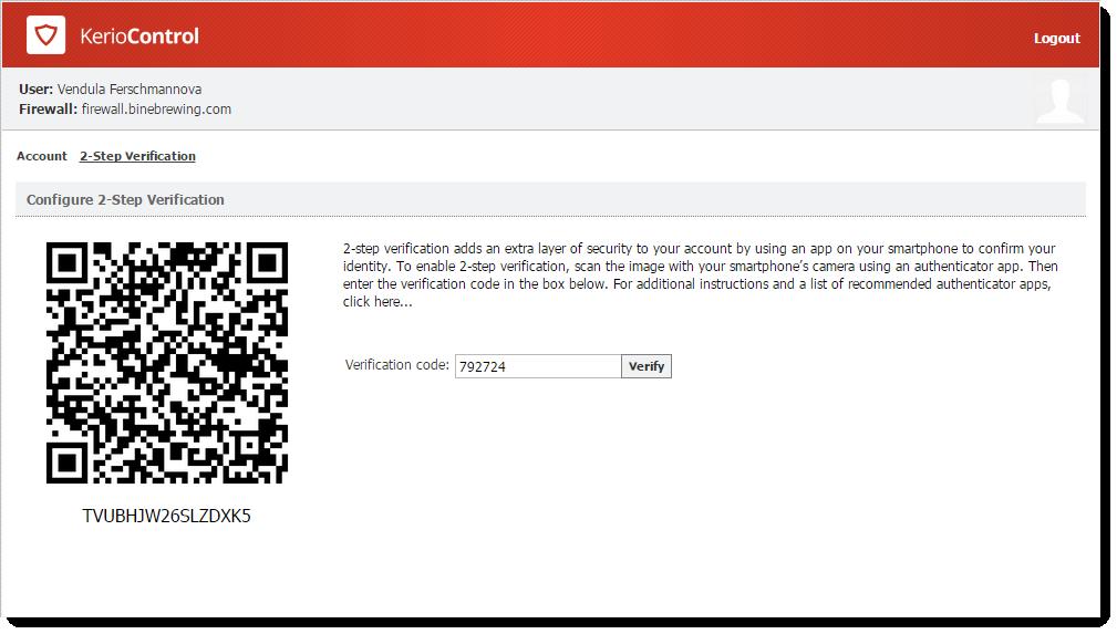 From now on, you authenticate with the verification code generated by the authenticator. For example, to connect to the Kerio Control Statistics page: 1.