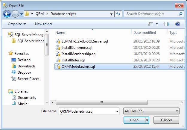 13 5. Select File->Open->File (or CTRL+O). Browse to the folder <Install CD QRM>\QRM\Database scripts Select the QRMModel.
