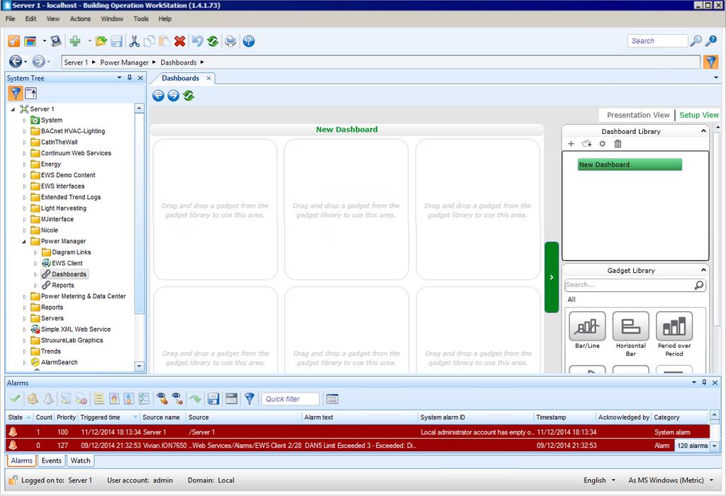Power Manager for SmartStruxure Solution - Integration Manual Discovering and setting up your StruxureWare Building Operation system 4.2.2.1 Adding Dashboards and Gadgets 1.