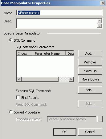 Unified Data Browser User s Manual Data Manipulator Properties: SQL Command 2. In the SQL Command Parameters field, click the Add button. Enter a Parameter Name (i.e. column name) and choose one of the following Parameter Data Types from the drop-down list, as shown in the figure below.