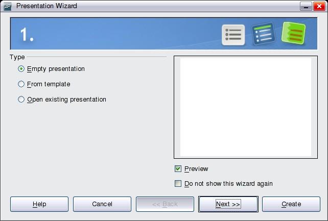 Figure 9. Using the Presentation Wizard to choose the type of presentation 1) Select Empty presentation under Type. It creates a presentation from scratch.