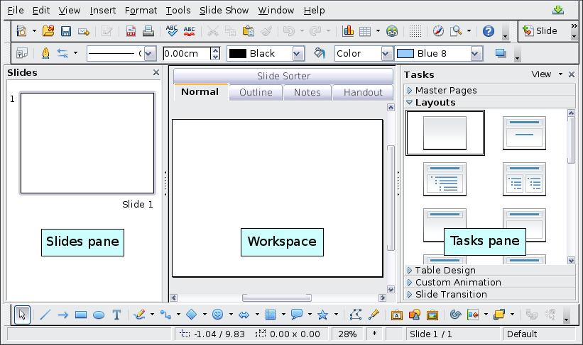 Figure 1: Main window of Impress Several additional operations can be performed on one or more slides in the Slides pane: Add new slides at any place within the presentation after the first slide.