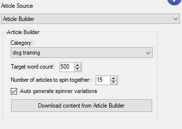 Article Builder Select your category from the list, if your category is not there pick whatever is closest or come at your niche from a different angle.