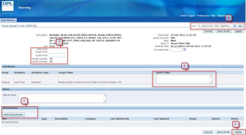 Section 4-3.3.1 Enter RFQ Line Details (Online -Line Level Attributes) This page is reached by clicking the Update (pencil) icon that appears to the right of a line item.