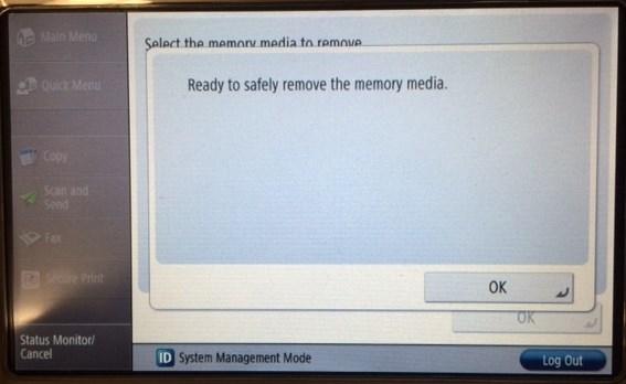 below to remove USB media from the copier; damage may result to the USB media or the copier or both if you do not follow