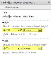 Change the displayed size In the APPEARANCE group, change the HEIGHT and WIDTH settings to display the Web Part at a specific size.