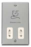 Shaver Socket Click dual voltage shaver outlets incorporate a double wound isolating transformer rated 20Va at 230V or 115V and meets BS EN 61558-2-5: 1998 making it safe for use in
