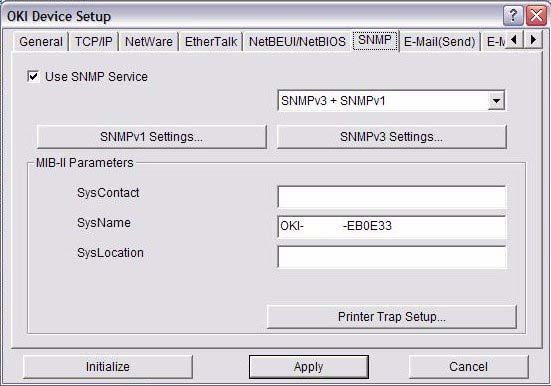 Set a name for the printer. Set a work group name to which the printer belongs. Set the comments for the printer (optional). SNMP Tab This allows you to configure SNMP related items.