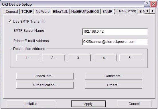 E-Mail (Send) Tab ITEM Use SMTP Transmit SMTP Server Name Printer E-Mail Address Destination Address 1-5 EXPLANATION Check to enable SMTP. Enter name of the SMTP server.