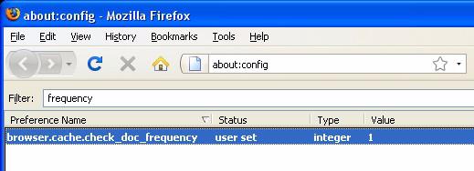 Click OK. MOZILLA FIREFOX 1. In the Firefox address bar, type about:config. 2. In the Filter field, type frequency. 3. Double click on the entry browser.cache.check_doc_frequency. 4.
