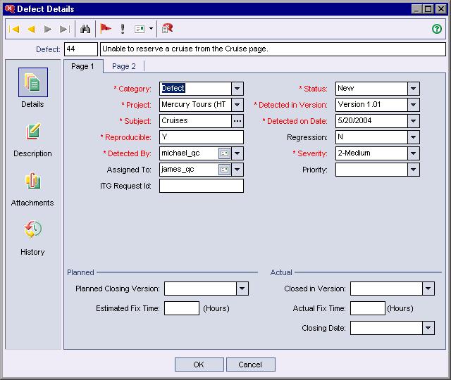 Lesson 5 Adding and Tracking Defects 3 Open the Defect Details dialog box. Click the Defect Details button. The Defect Details dialog box opens. 4 Change the severity level of the defect.