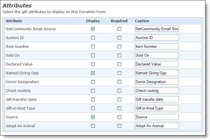 7. Under Required Fields, select the checkbox for each donor field to require on the donation form.