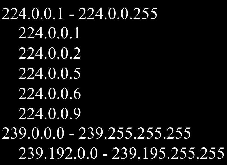 Multicast addresses MSB(t) Flat address space Reserved addresses: network 32 bits host 1110 28 bits - multicast group address