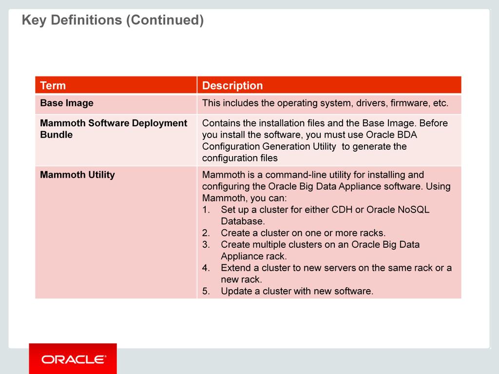 The Oracle BDA base image includes the operating system, drivers, firmware, and so on. The Mammoth Software Deployment Bundle contains the installation files and the Base Image.