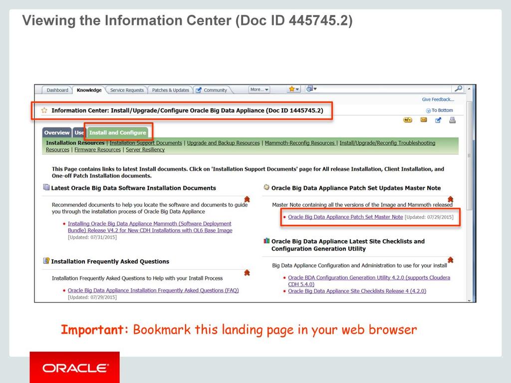The Information Center: Install/Upgrade/Configure Oracle Big Data Appliance (document ID 1445745.2) page is displayed. This is an important page that you should bookmark in your Web browser.