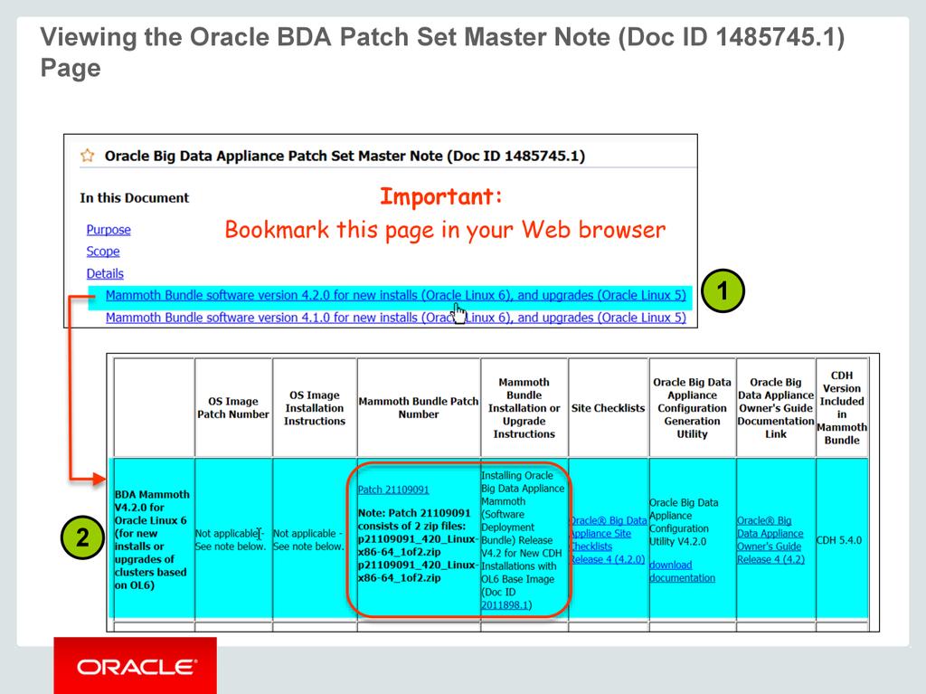 The Oracle BDA Patch Set Master Note (Doc ID 1485745.1) document is displayed. This is another important page that you should bookmark in your Web browser.