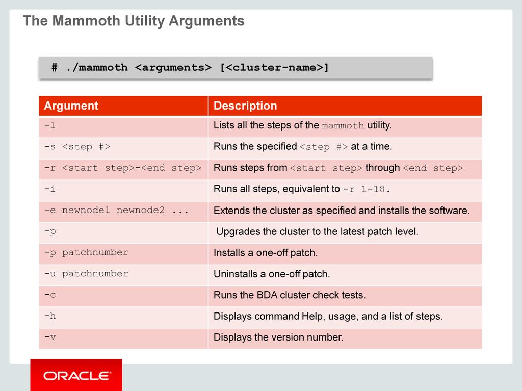 The table in the slide lists all of the arguments that you can use with the mammoth command. The l argument lists all the steps of the mammoth utility.